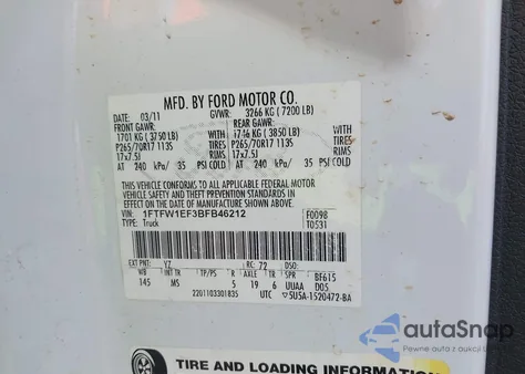 2011 Ford F-150 Xlt z USA, uszkodzony, nr VIN 1FTFW1EF3BFB46212